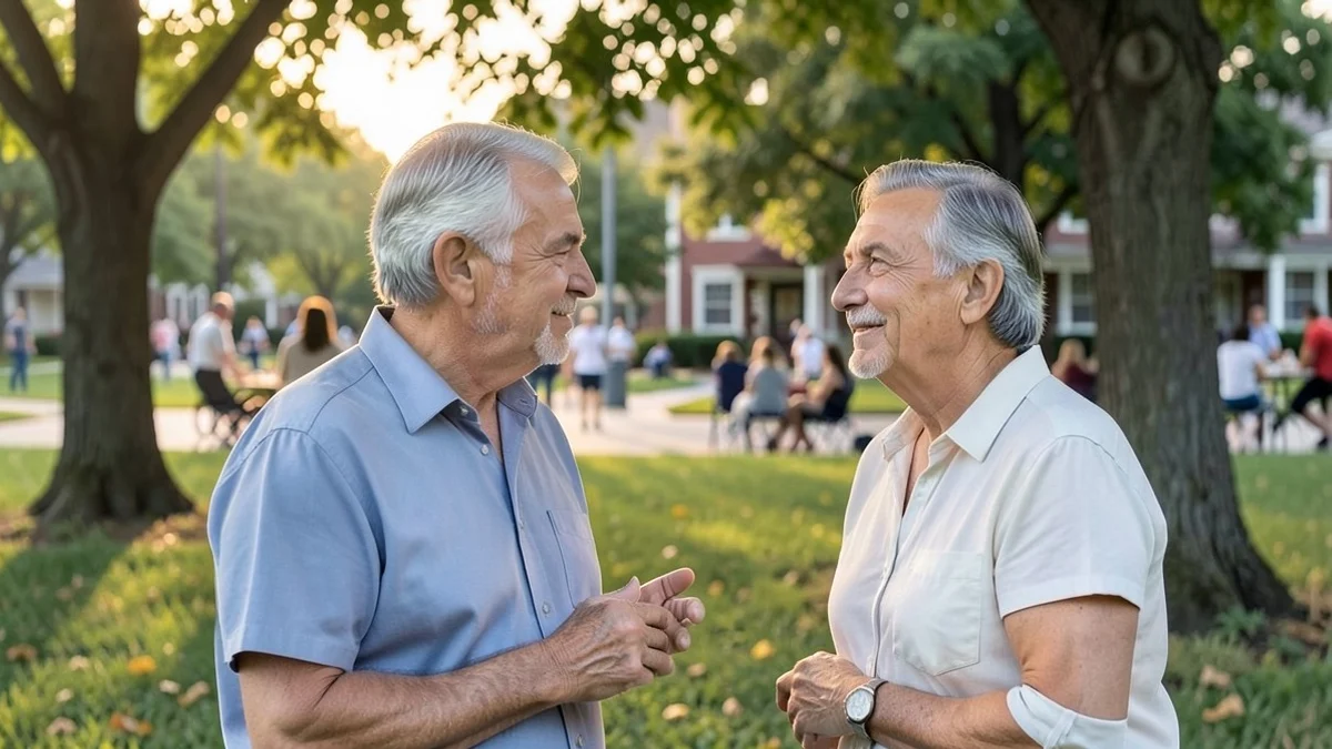 A middle-aged adult listens thoughtfully to a trusted friend during a calm conversation in a neighborhood park