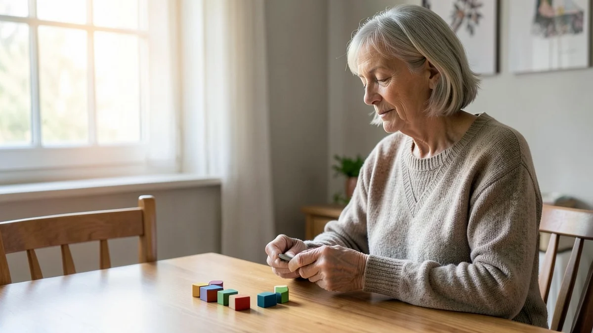 A thoughtful middle-aged woman compares two small arrangements of colored wooden tokens on a dining table