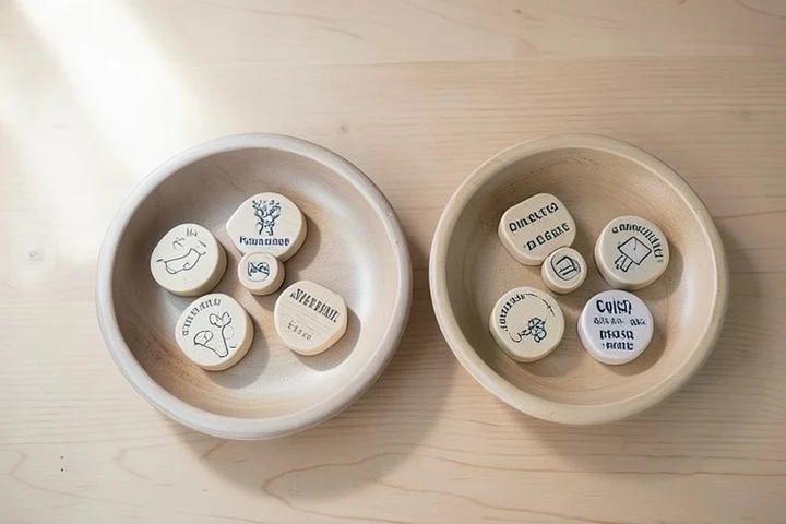 Five distinct tactile tokens are sorted into two shallow trays on a clean wooden tabletop, representing relationship goals, matching style
