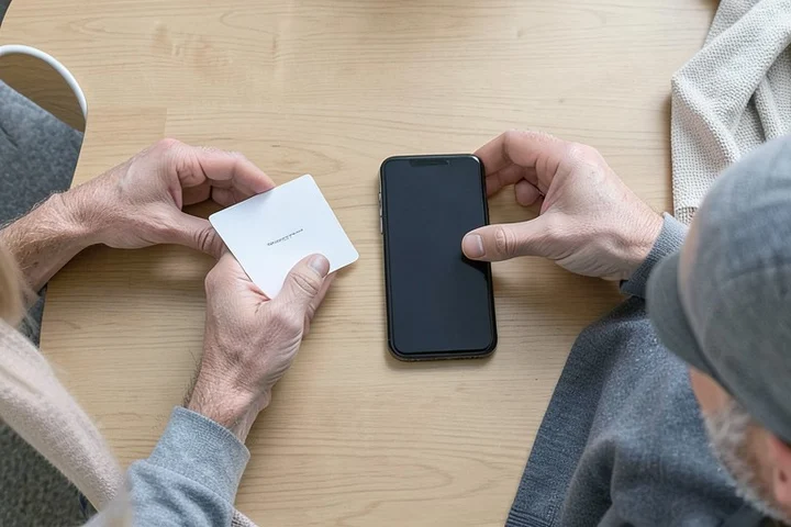 A middle-aged adult compares two plain, unmarked choice cards beside a face-down smartphone on a tidy home table