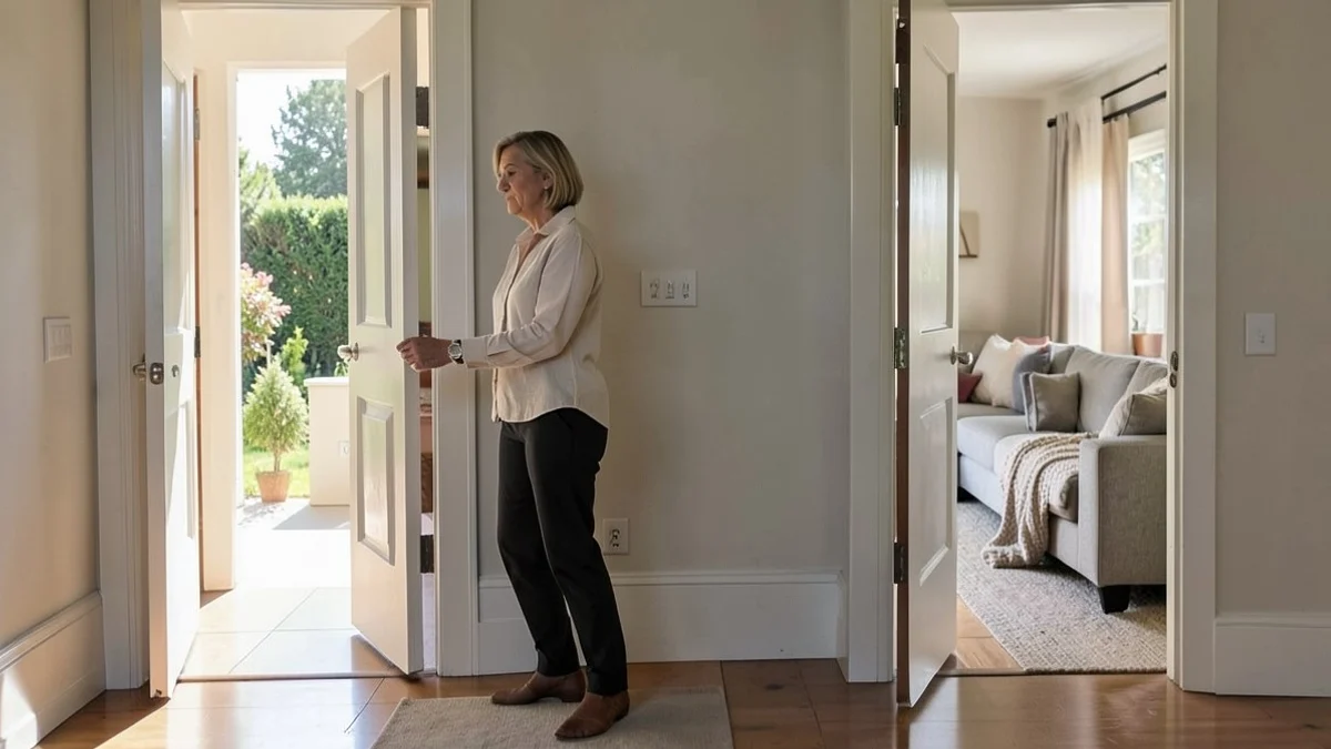 A middle-aged woman pauses between two open interior doorways in a quiet, sunlit home, thoughtfully considering two different paths forward