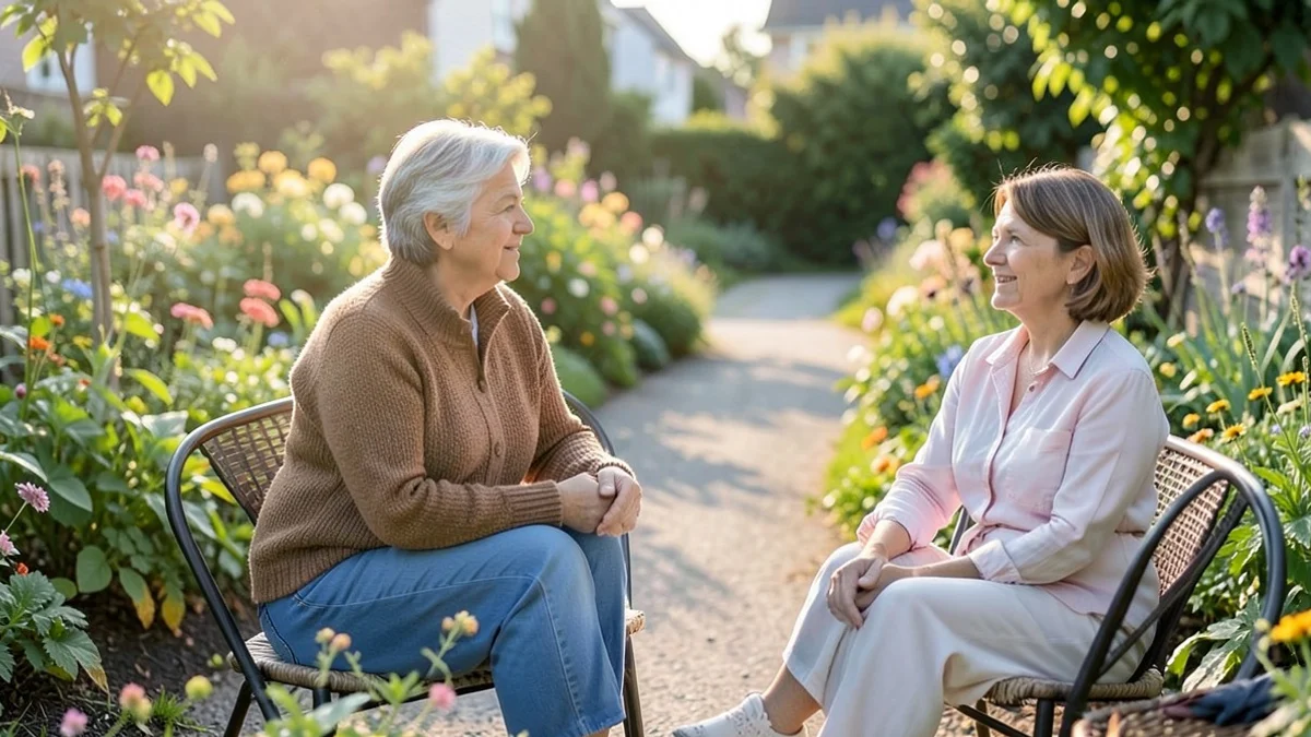 A middle-aged woman speaks quietly with one trusted friend at a small neighborhood garden gathering
