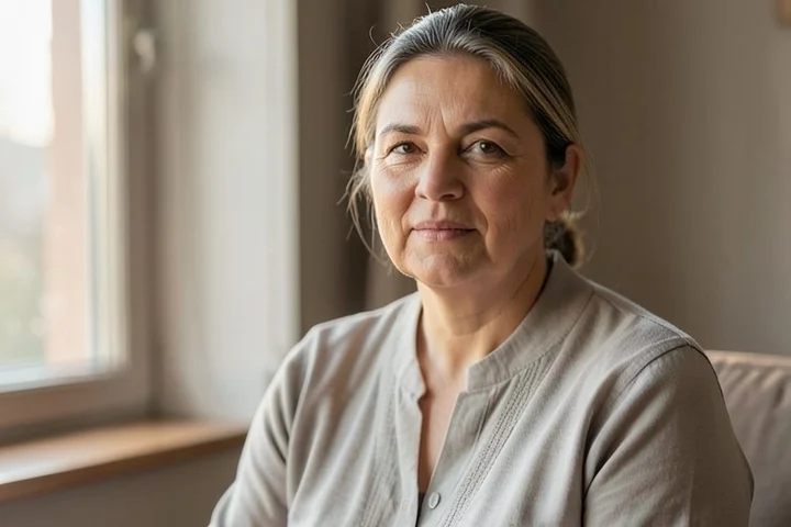 A thoughtful middle-aged woman faces the camera in a quiet apartment near a sunlit window