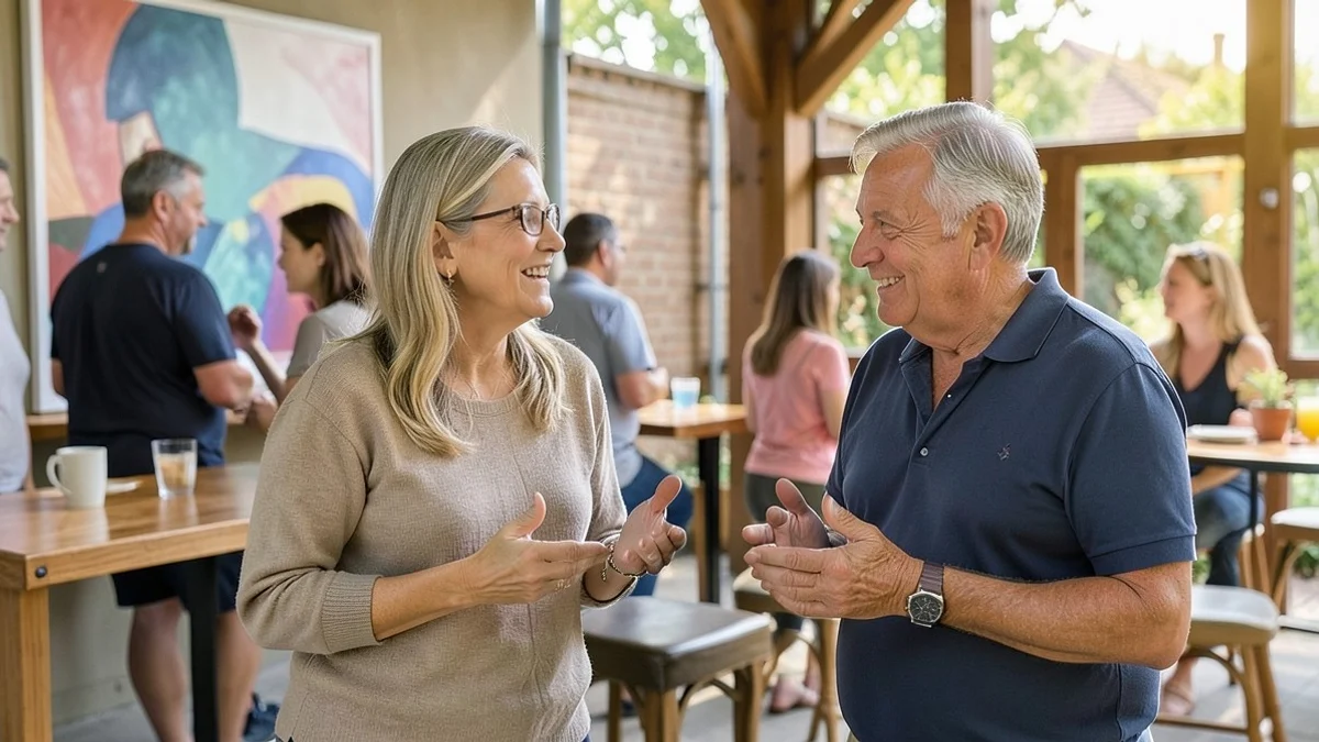 Two middle-aged adults begin an easy conversation at a relaxed neighborhood cultural gathering