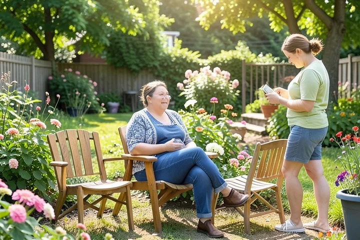 A middle-aged woman confidently chooses her own seat at a small neighborhood garden gathering while one friend waits nearby