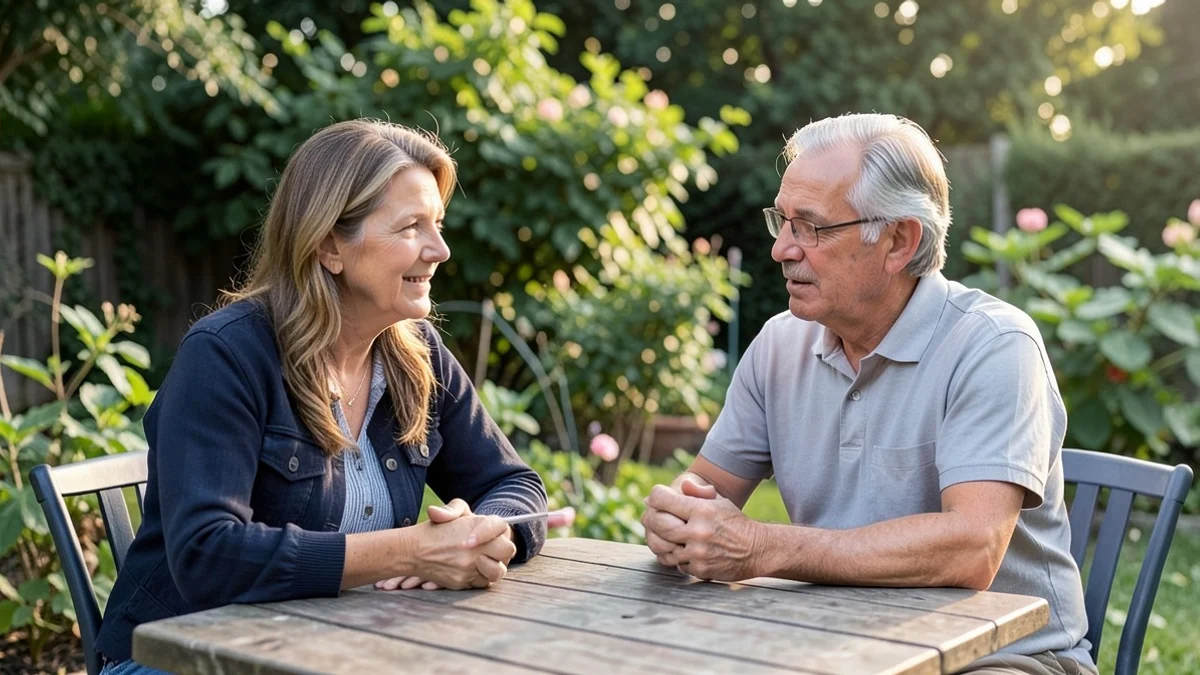 Two middle-aged adults converse calmly at a shared table in a neighborhood community garden