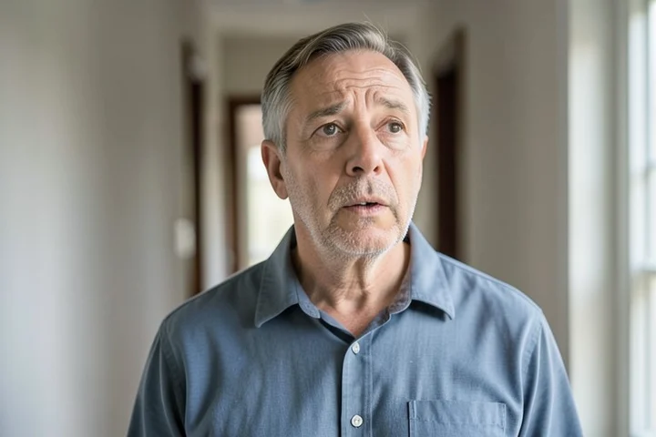 A middle-aged adult pauses in a quiet home hallway with relaxed shoulders and a thoughtful, slightly surprised expression