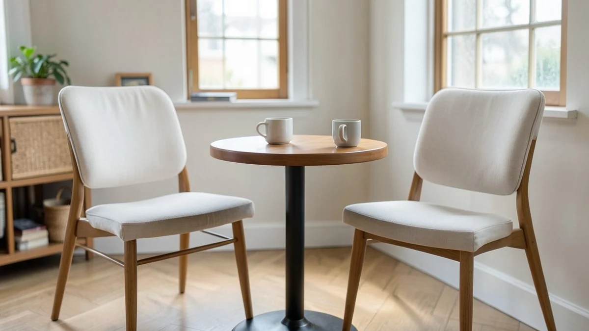 two empty cafe chairs beside a small round table with two plain ceramic cups, soft daylight and an ordinary welcoming interior