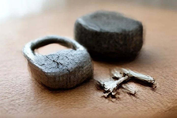 A weathered cracked padlock lies beside a bright open clasp and a clean key