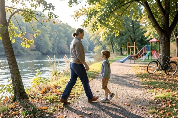 A divorced parent in their 30s walks with a school-age child along a leafy riverside trail, pausing where a path, bicycle