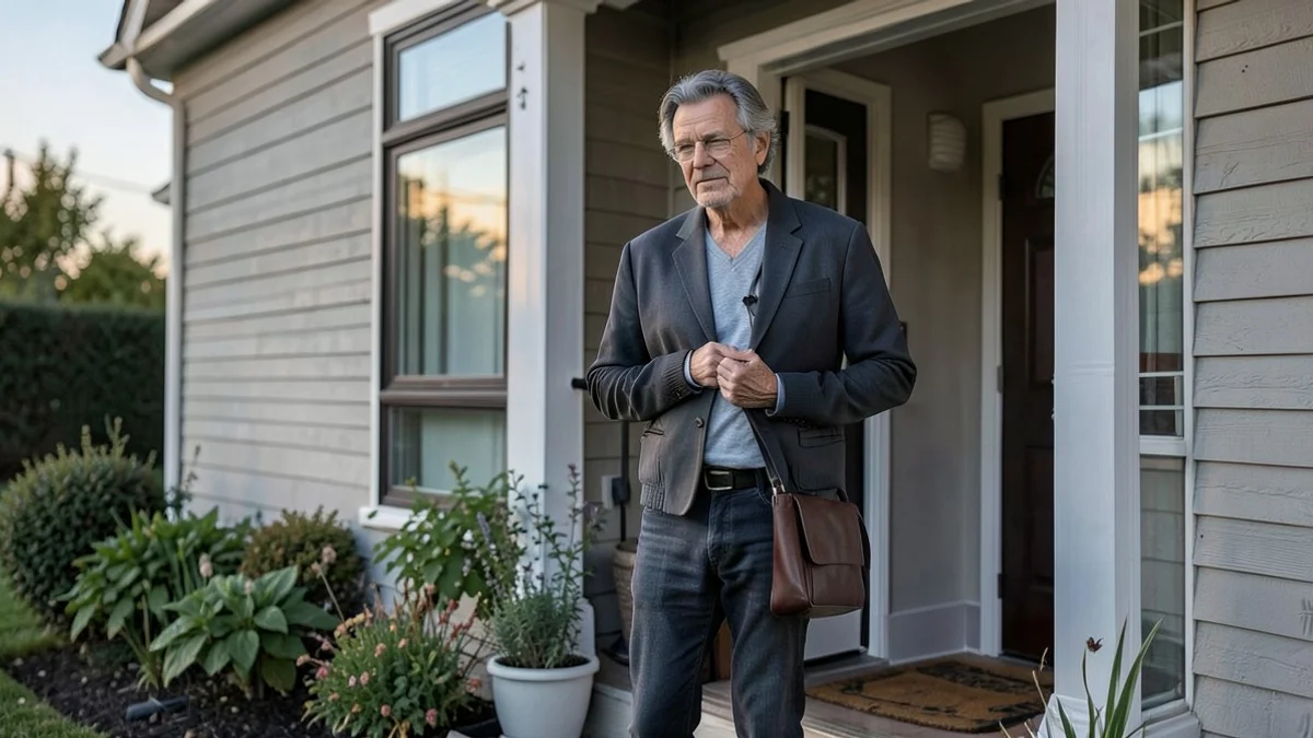 A composed divorced adult in their 40s adjusts a jacket before leaving a well-kept suburban home