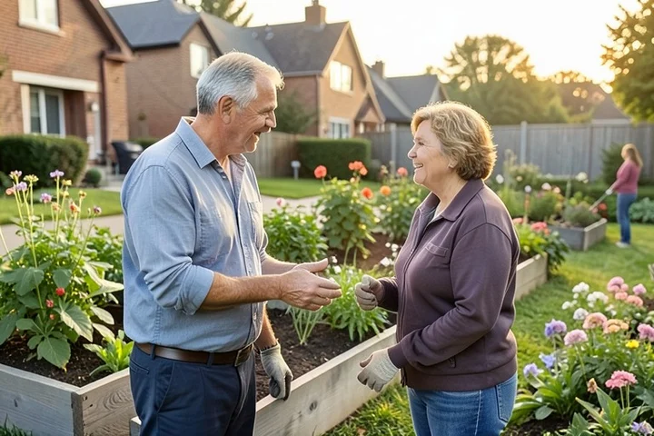 A divorced adult in their 40s chats with another adult during a recurring neighborhood gardening session, surrounded by raised beds, gloves