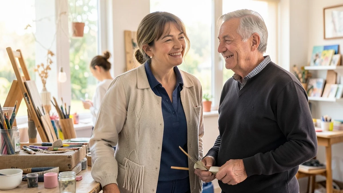 A divorced woman in her 50s joins another mature adult in a bright community art studio