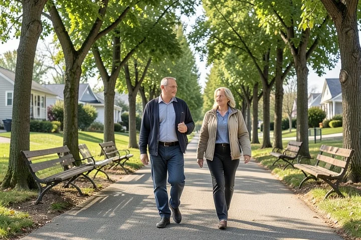 A divorced man in his 50s walks beside another mature adult along a tree-lined neighborhood route after a local walking group
