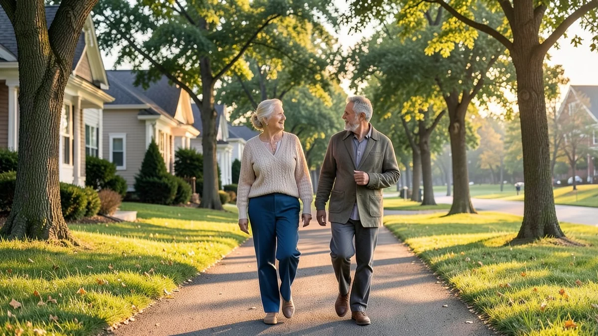 Two adults in their 60s walk side by side at an easy pace along a tree-lined neighborhood trail