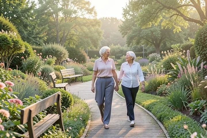 A divorced adult in their 60s walks with a new companion through a peaceful botanical garden, carrying no belongings and keeping an independent