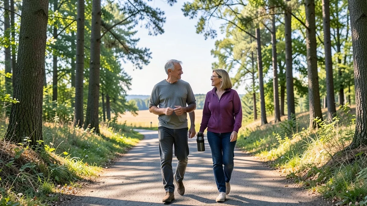 Two middle-aged adults walk side by side along a wooded park trail, discussing a shared future without rushing