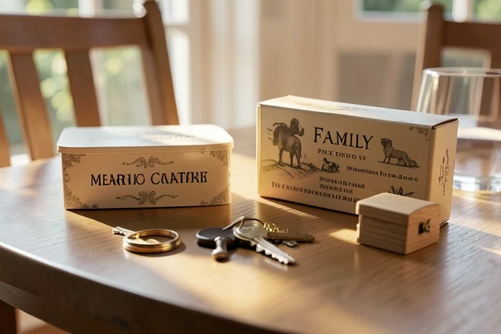 A balanced still life shows two simple wedding bands beside house keys, a family recipe box, and a small wooden keepsake on a sunlit dining table