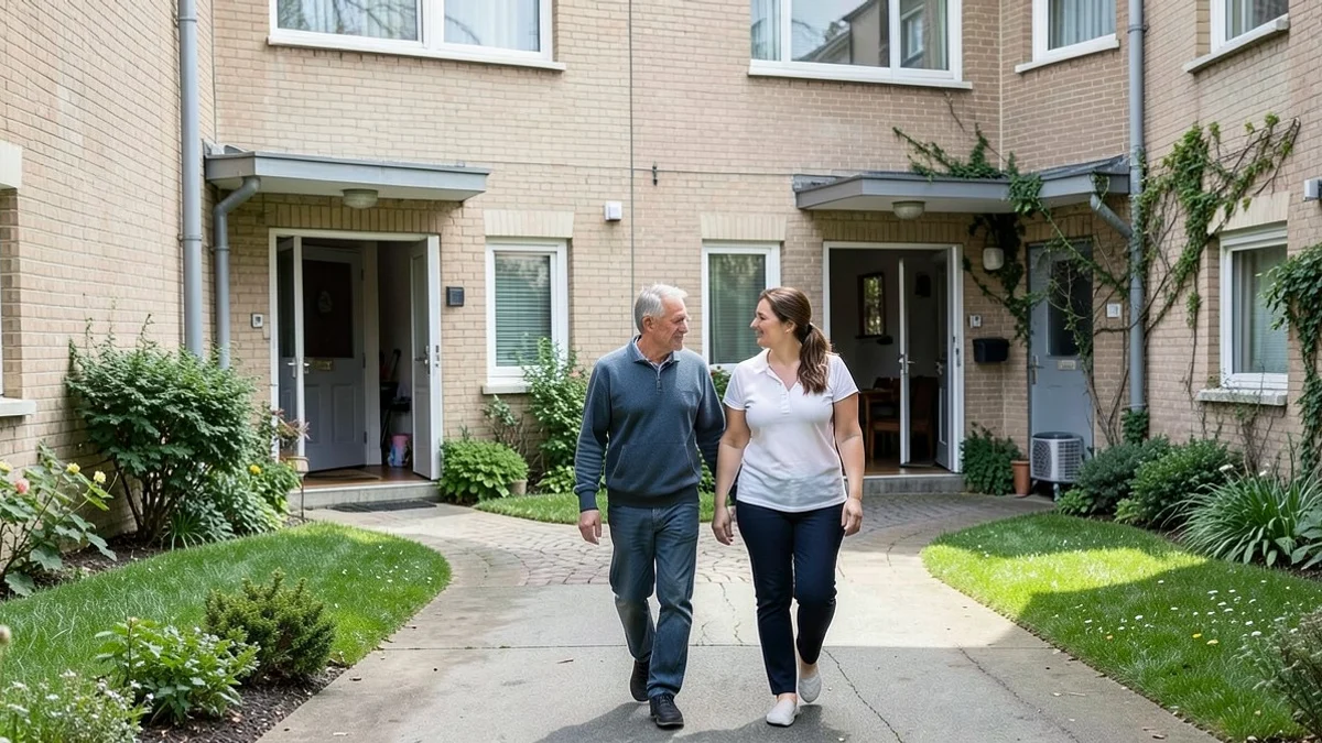 A separated middle-aged adult walks beside a trusted friend through a quiet residential courtyard