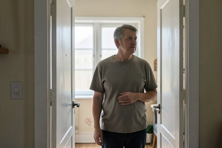 A middle-aged separated adult stands thoughtfully between two open interior doorways in a modest home