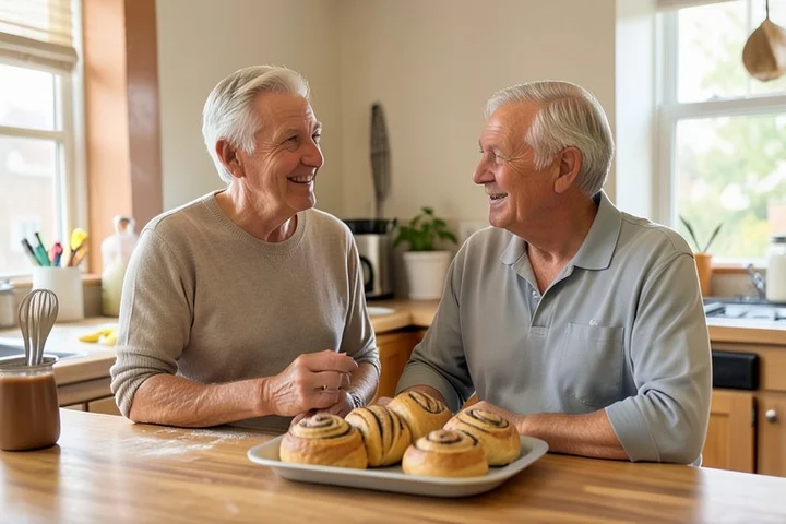 Two middle-aged adults chat easily beside a tray of homemade cinnamon rolls in a bright community baking room