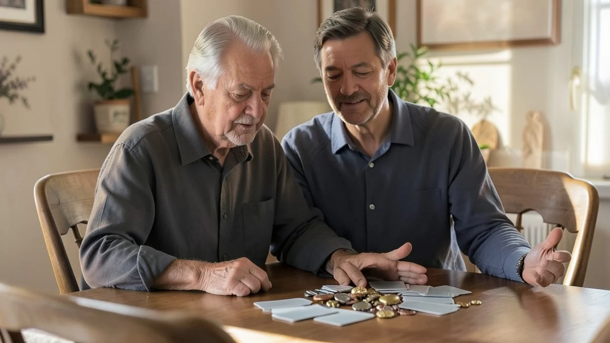 A thoughtful middle-aged adult compares two neatly arranged groups of neutral, unmarked cards and personal tokens on a dining table