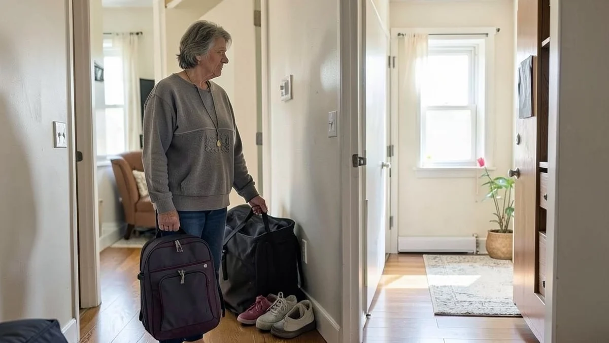 A middle-aged divorced parent pauses in a bright apartment hallway beside a packed overnight bag and neatly arranged children’s shoes