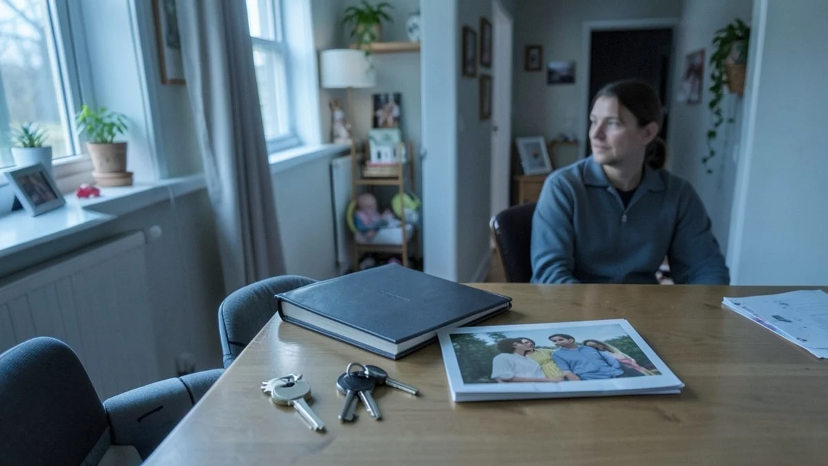 A separated adult pauses at a kitchen table beside two sets of house keys, a closed folder, and a family photograph turned away from the camera