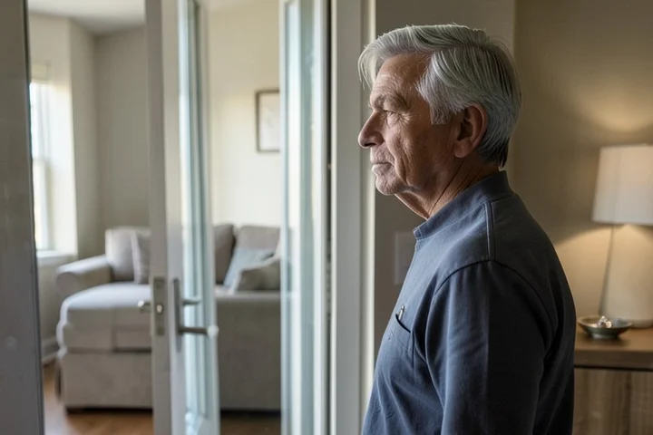 A thoughtful middle-aged adult stands in profile near a sunlit apartment doorway