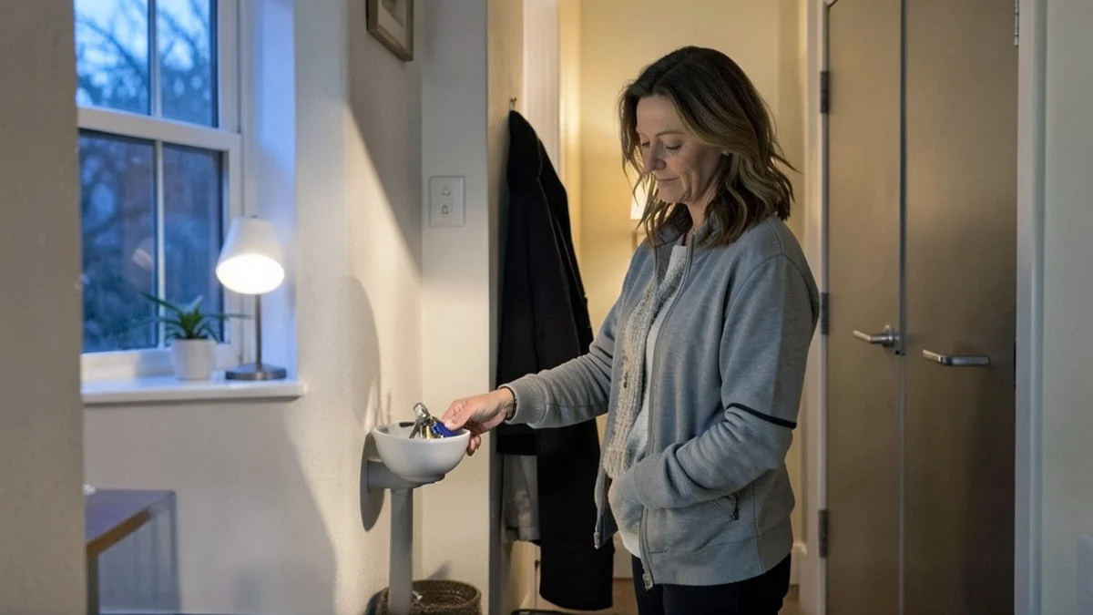 A divorced woman in her 40s places her keys in a small entryway bowl, hangs up a coat