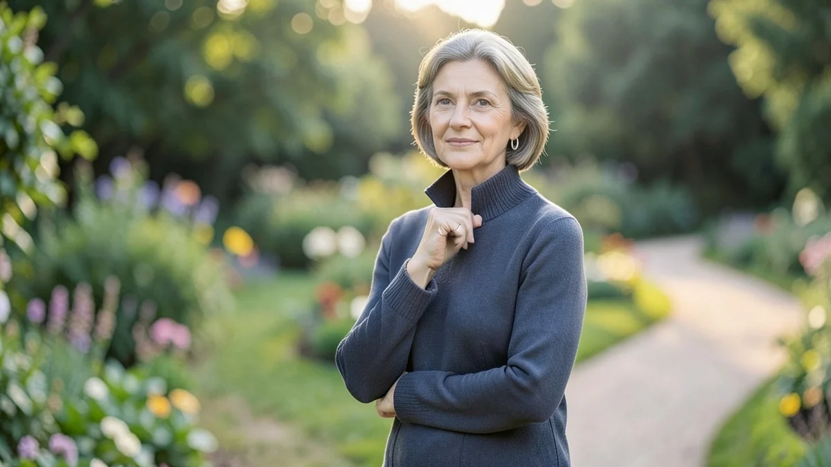 A poised middle-aged woman stands thoughtfully at a quiet garden fork where two separate paths curve away