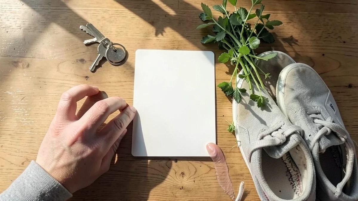 Hands arrange a blank profile card, house keys, walking shoes, and fresh herbs on a sunlit wooden desk