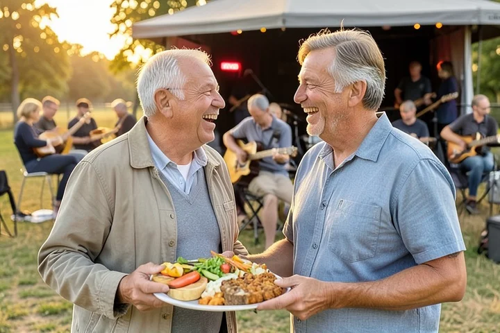 Two middle-aged adults share an easy laugh beside a small outdoor community concert