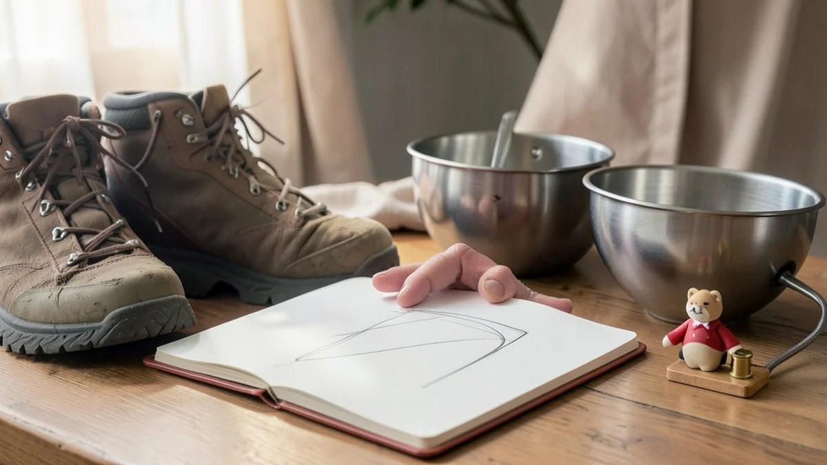 A middle-aged adult replaces angry abstract marks in a blank notebook with calm, simple strokes beside hiking boots, a mixing bowl