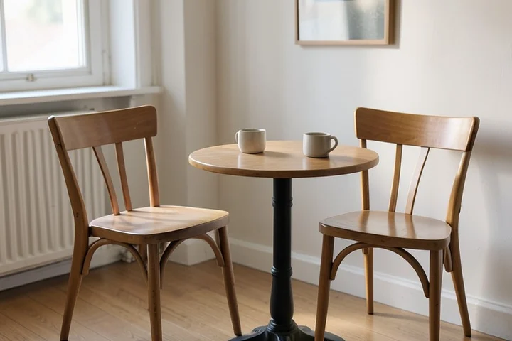 two empty cafe chairs beside a small round table with two plain ceramic cups, soft daylight and an ordinary welcoming interior