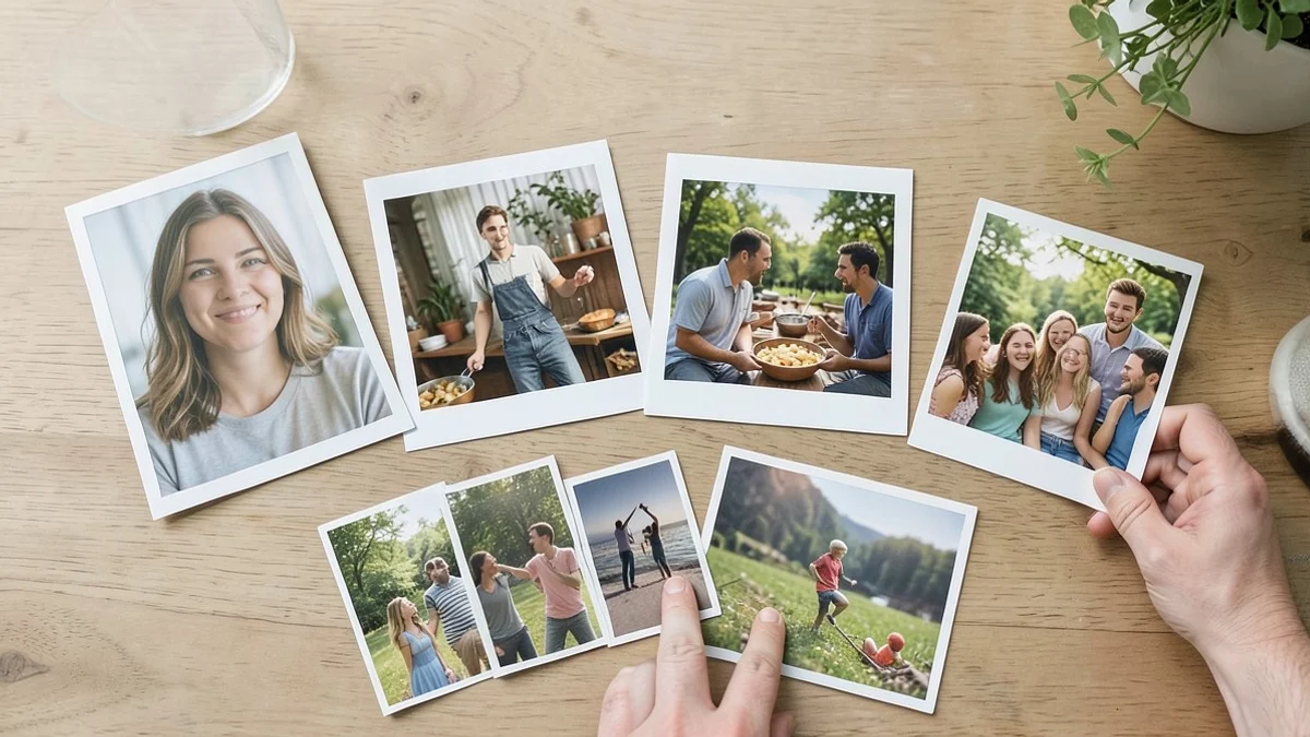 A hand arranges five recent casual photo prints on a clean wooden table: a clear portrait, a full-body image, a cooking scene, an outdoor activity