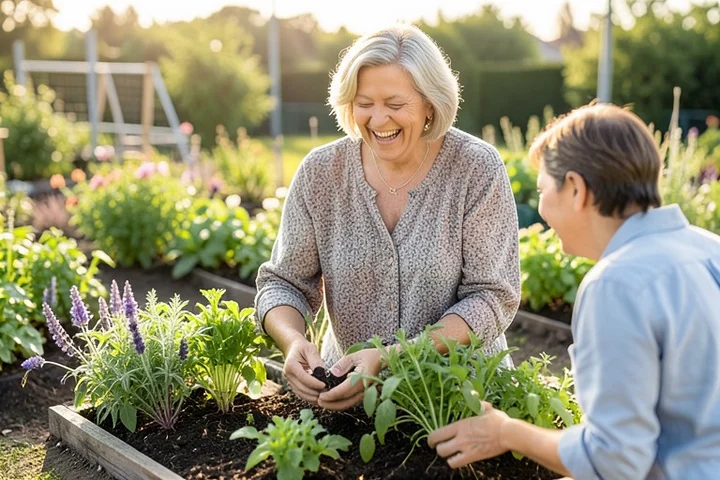 A middle-aged woman laughs with one friend while planting herbs in a bright community garden, showing current appearance, everyday interests