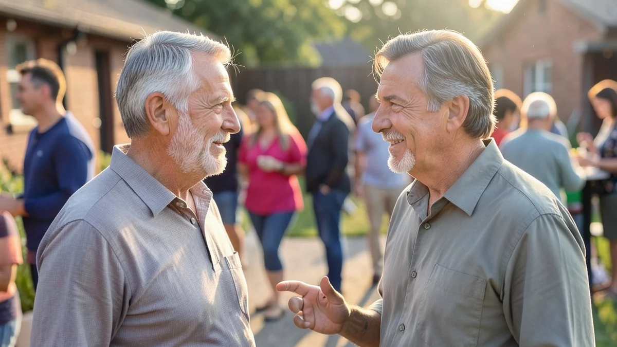 Two middle-aged adults have a calm, candid conversation at a small neighborhood social gathering