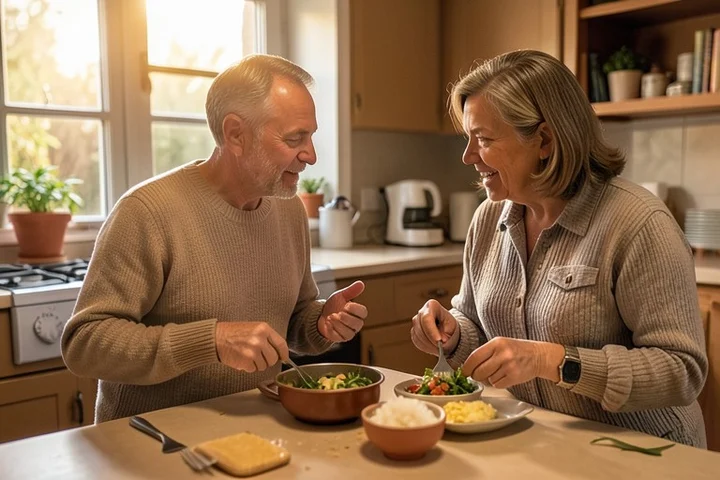 Two middle-aged adults share a steady evening home routine while preparing a simple meal together in a welcoming kitchen