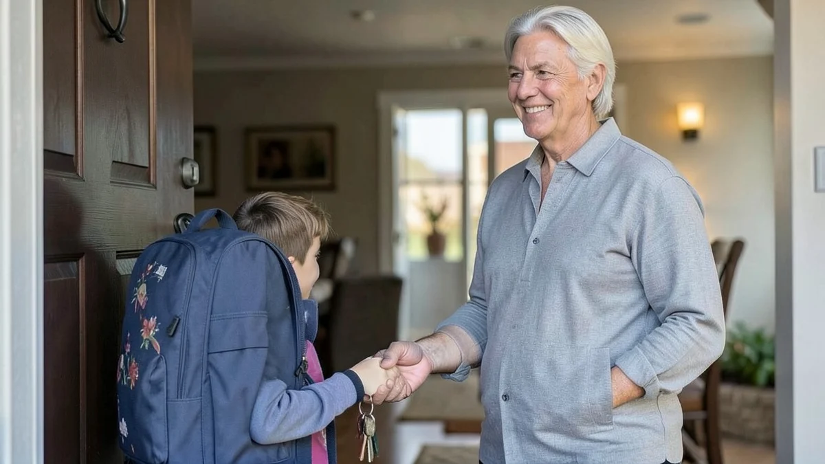 A composed middle-aged parent stands at a residential doorway beside a child’s backpack and a set of house keys, ready for a calm handoff