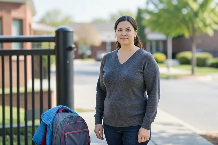 A calm co-parent stands near a school pickup gate with a child’s backpack and jacket visible nearby