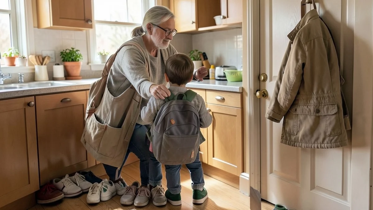 A middle-aged parent packs a plain child’s backpack beside neatly arranged school shoes while an adult coat waits by the entryway