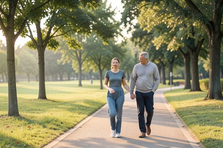 A middle-aged parent and a school-aged child walk side by side along a quiet public park path