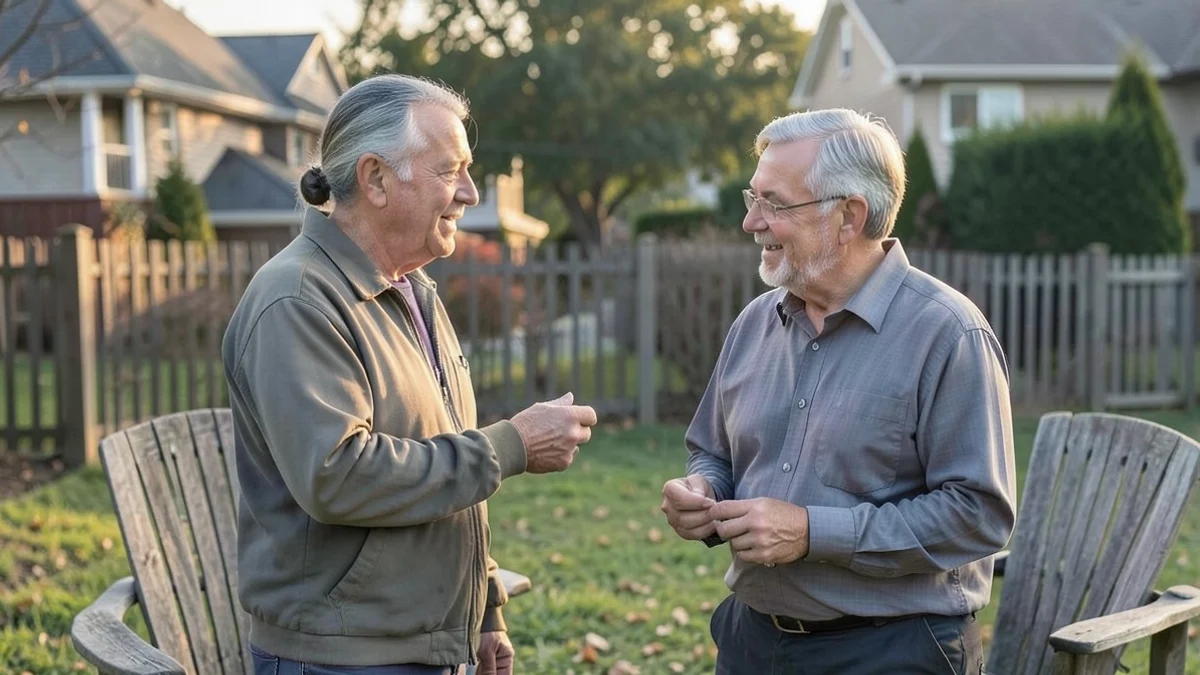 Two middle-aged adults maintain calm personal space during a neighborhood backyard gathering