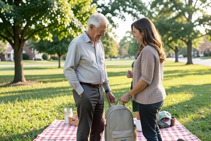 A middle-aged divorced adult and a new partner stand together at a relaxed neighborhood picnic while the adult places a plain