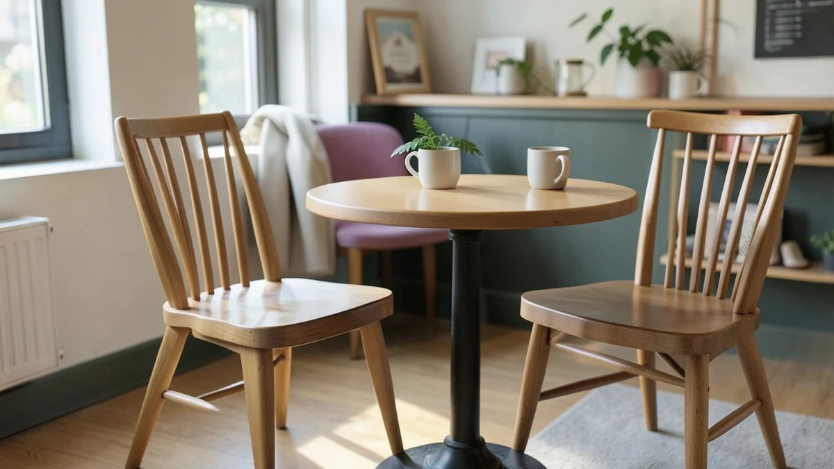 two empty cafe chairs beside a small round table with two plain ceramic cups, soft daylight and an ordinary welcoming interior