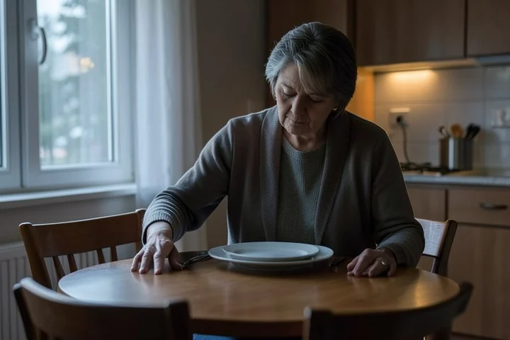 A middle-aged divorced woman pauses while setting a second place at a quiet dining table