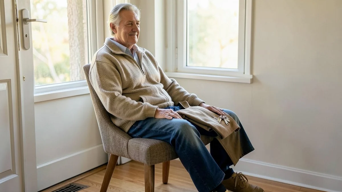 A middle-aged adult calmly lays out a simple jacket, comfortable shoes, and house keys on a bedroom chair before leaving for a first date