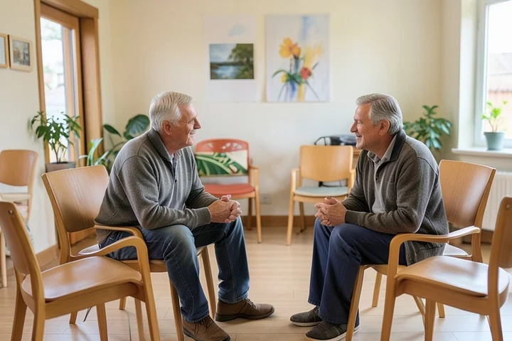 Two middle-aged adults sit across from each other in a welcoming community room with empty chairs arranged in a loose circle