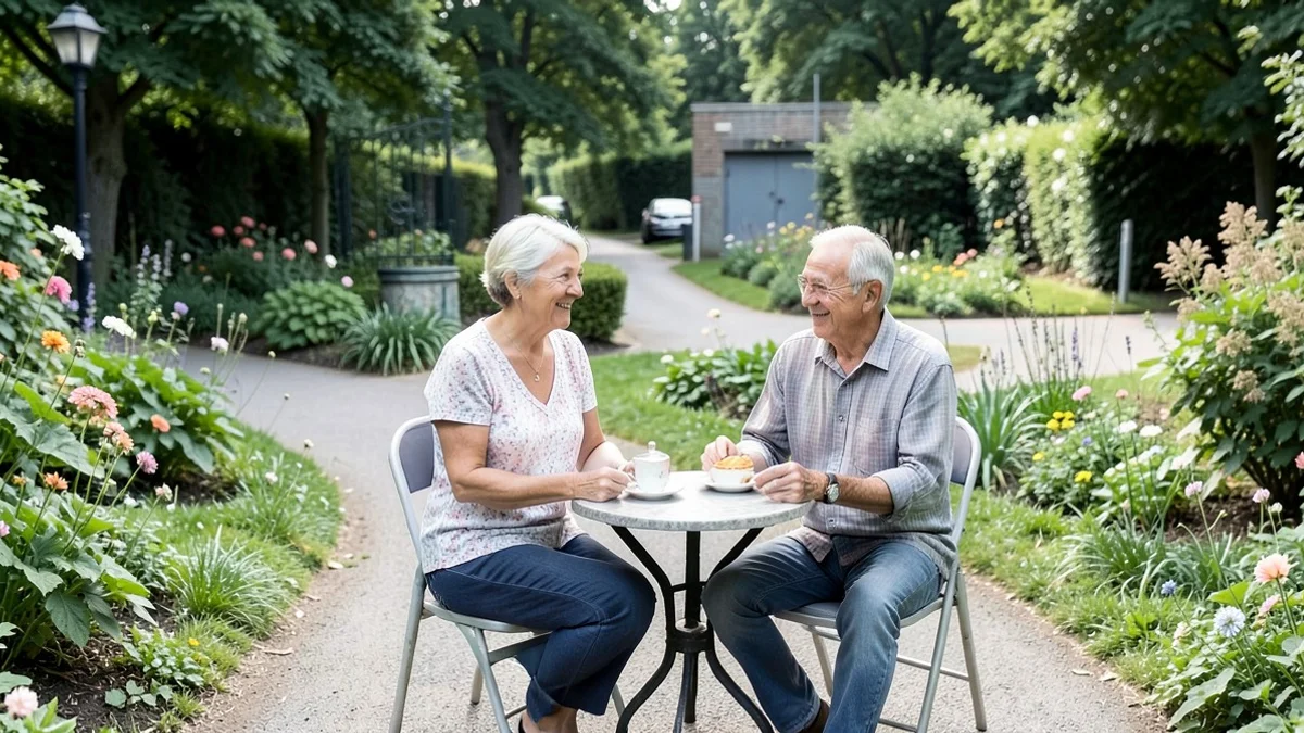 Two middle-aged adults share a brief Saturday afternoon tea at a small public garden table before taking a short walk